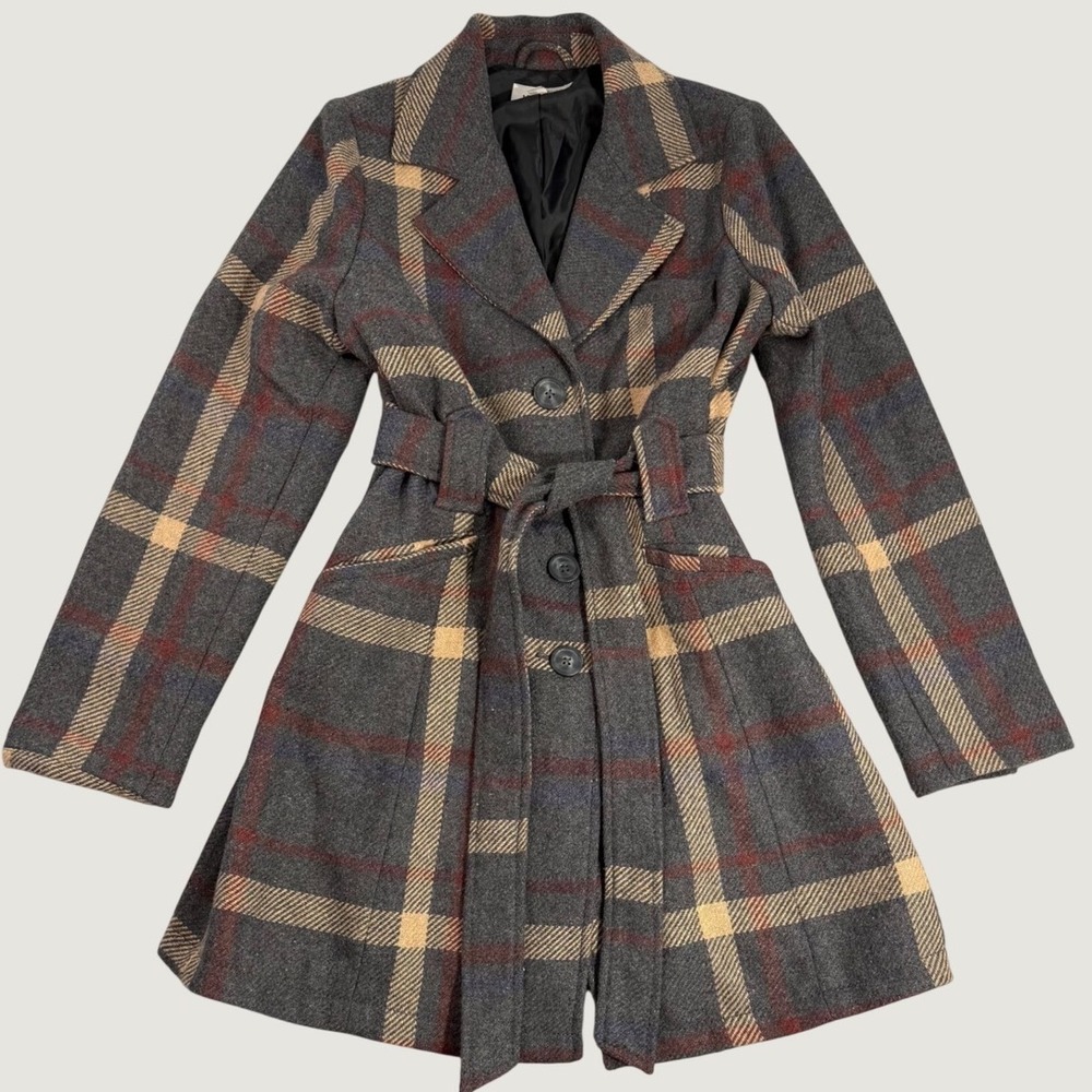 Merona Plaid Pea Coat Womens Large Grey wool blend